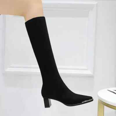 Stiefel Up Knie Schwarz Eckig Komfortabel 10 CM Leder Kunststoff 9242