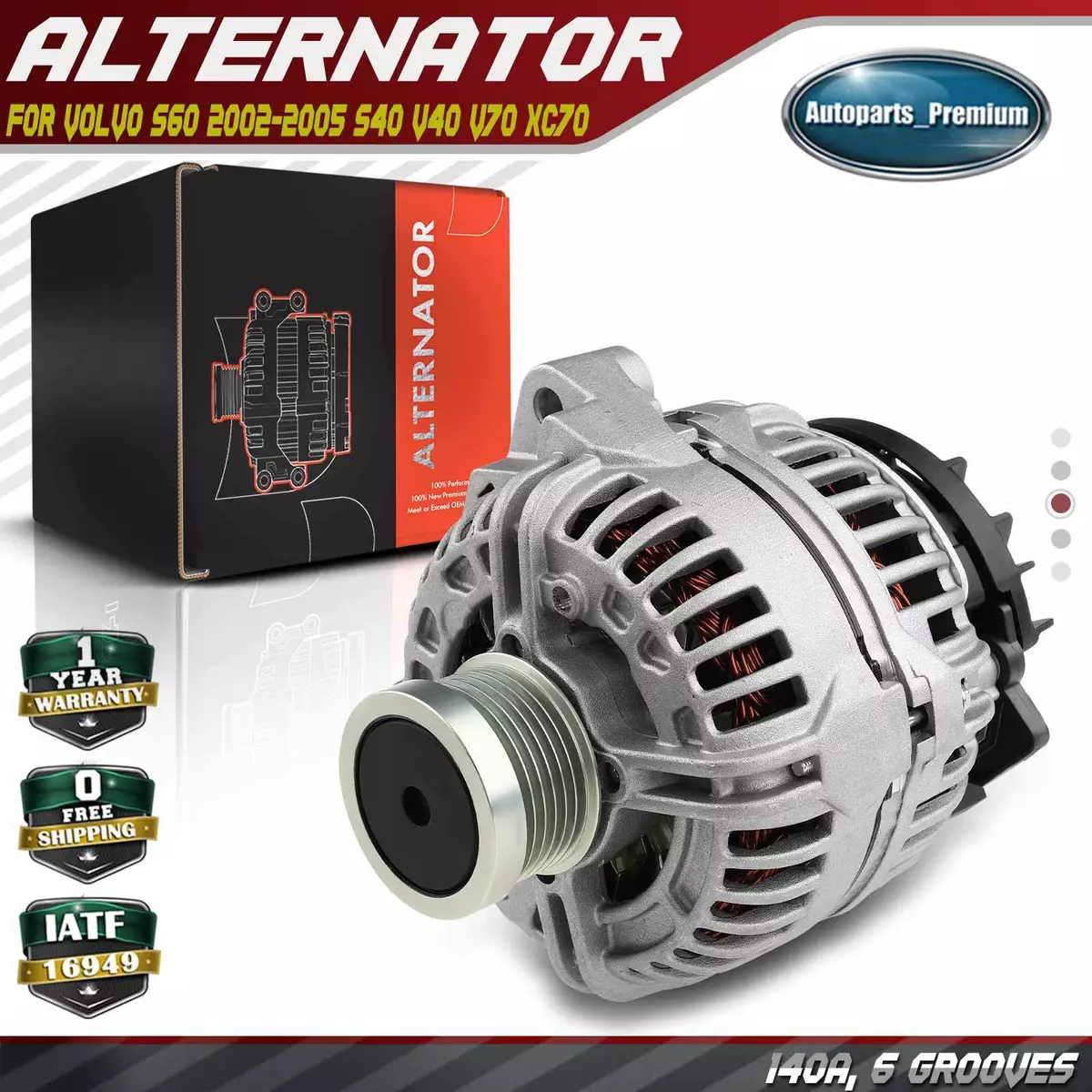 Alternator for Volvo S60 2002 2005 S40 V40 V70 XC70 140A 12V CCW 6 Groove Clutch