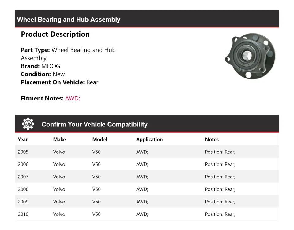 Conjunto de cojinete de rueda y buje trasero MOOG 2005 2006 para Volvo V50 AWD Foto 2 de 4