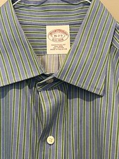 BROOKS BROTHERS BUTTON DOWN SHIRT - BLUE WHITE GREEN STRIPE OXFORD 16 1/2