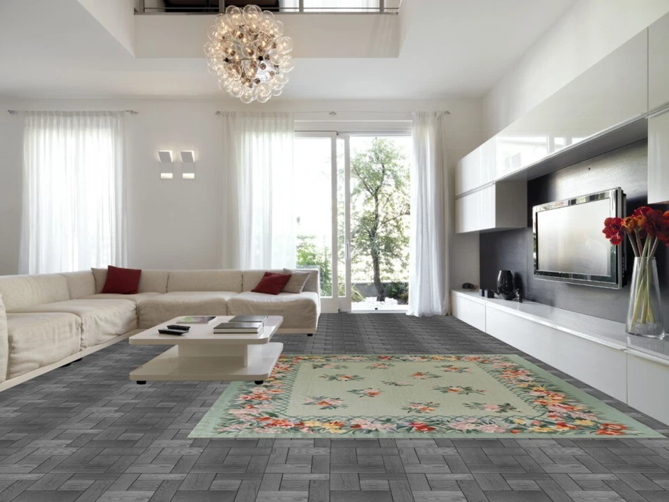 Square Green Needlepoint Living Room Rug 10x11 Hand-Hooked Wool for Dining Room - Image 2 of 4