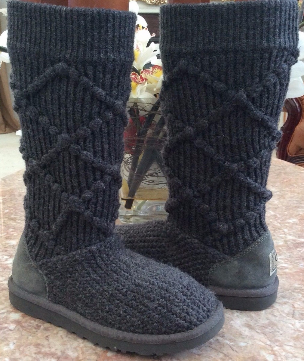 UGG Australia Argyle Classic Cardy Crochet Gray Sweater Boots Size #5879  EUC