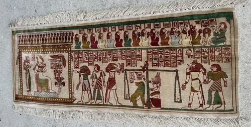 Turkish All Silk Handmade Vintage Rug Egyptian Pharoah Motif 47”x 20” Clean