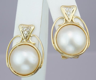 Estate 14K Yellow Gold Over Mabe Pearl Earrings with Diamond Accents Omega Back