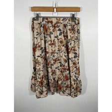 Cottage Boho Forest Fairy Womens Midi Skirt L Beige Ruffle Floral