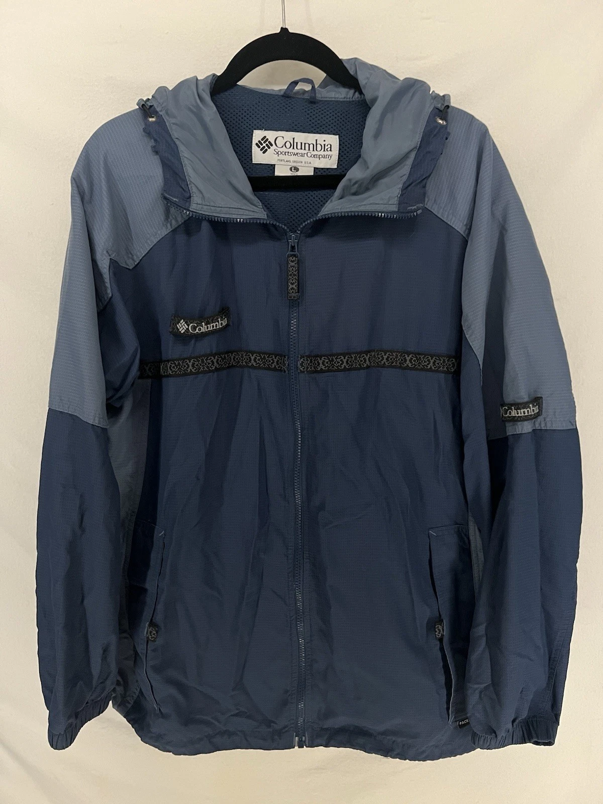 Vintage 90s Columbia Navy Zip Up Rain Jacket Windbreaker Mens Size L Packable
