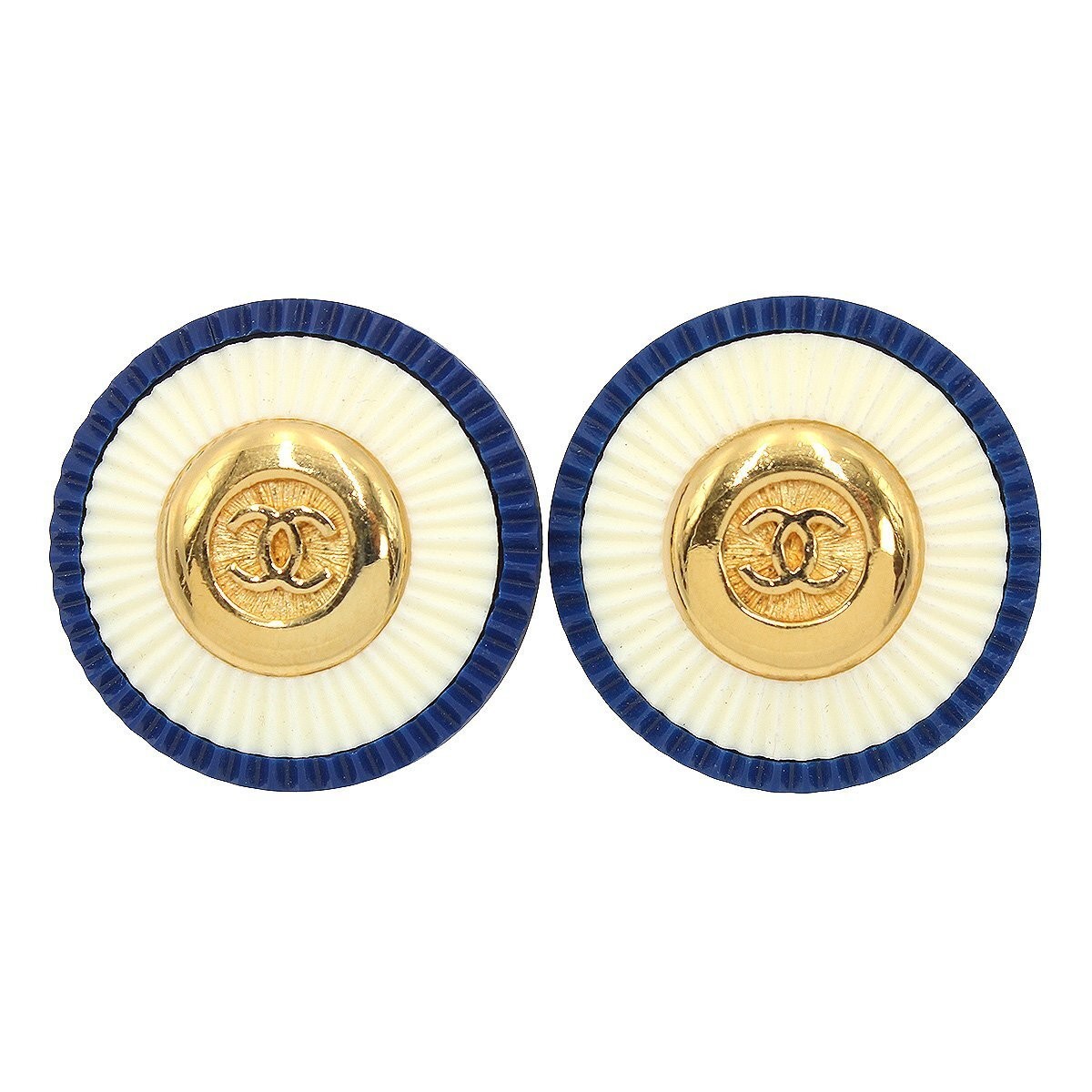 Chanel Coco Mark Button Pleated Round Earrings Bl… - image 1