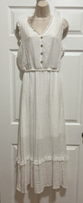 Luxology White Maxi Size XL Dress Sleeveless Ruffles Faux Buttons Sash Pullover