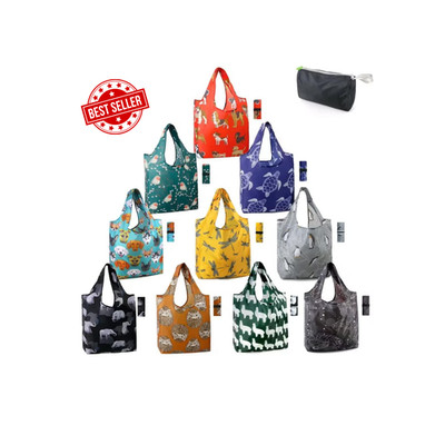 10-Pack Animal Reusable Grocery Bags   XL Tote Set w/ Zipper Pouch, Washable