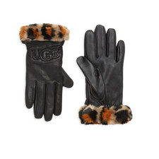 UGG Logo Leather Faux Fur Cuff Gloves Medium Runs small in size Black Leopard