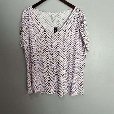 White House Black Market WHBM Purple Chevron Ruched Sleeve V-Neck Tee XL NWT
