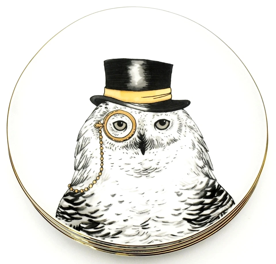 West Elm Rachael Kozlowski Set Of 4 Dapper Animal 8-1/2" Plates 2 Owl & 2 Ram - Image 3 of 4