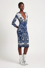 ROBERTO CAVALLI Jersey Dress Blue White Print Stretch Designer Sz I 44 AU 12