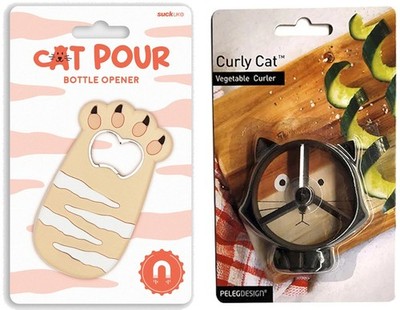 Set mit zwei Küchenhelfern zum Thema Katze - Gemüse Lockenstab und Flaschenöffner