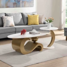 Modern Nesting Coffee Table Set of 2 End Table for Living Room, Oval and Round