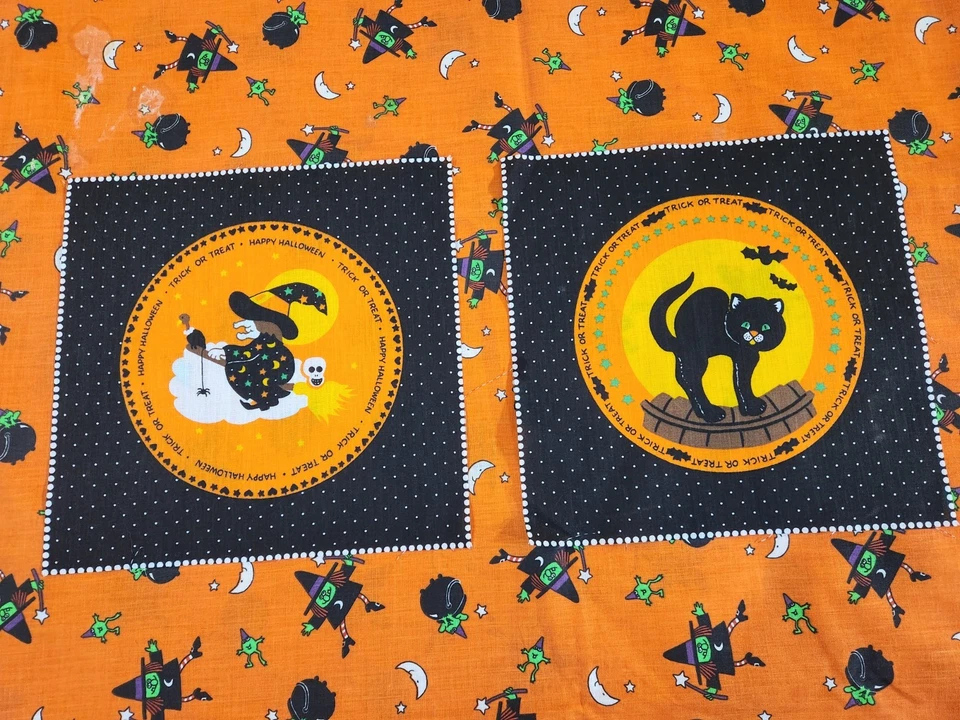 Vintage Halloween Witch Frog Cotton Fabric Wamsutta Hallmark 45" X 96" + Squares - Image 3 of 4