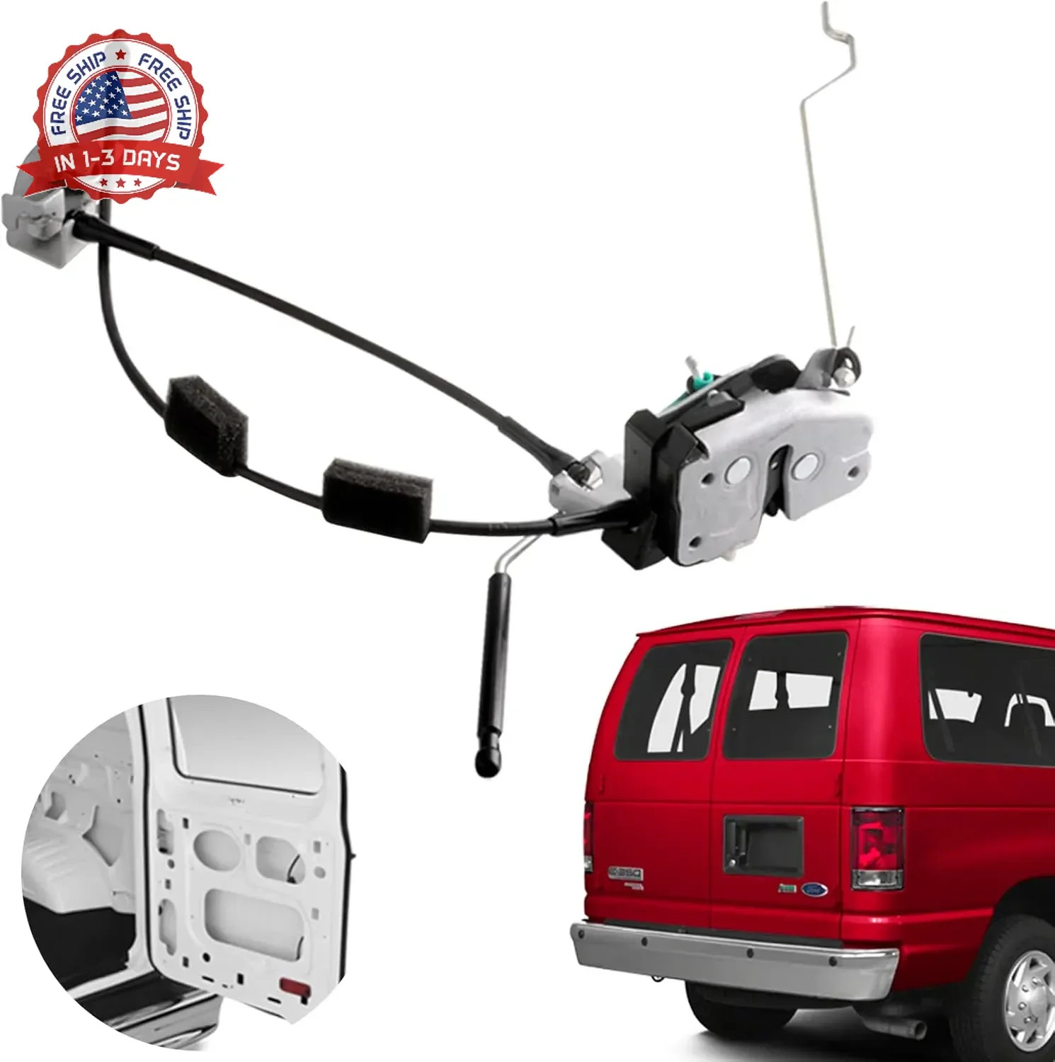 Door Latch Assembly w/Cable & Rod Compatible for Ford E150 E250 E350 Van 1992-20