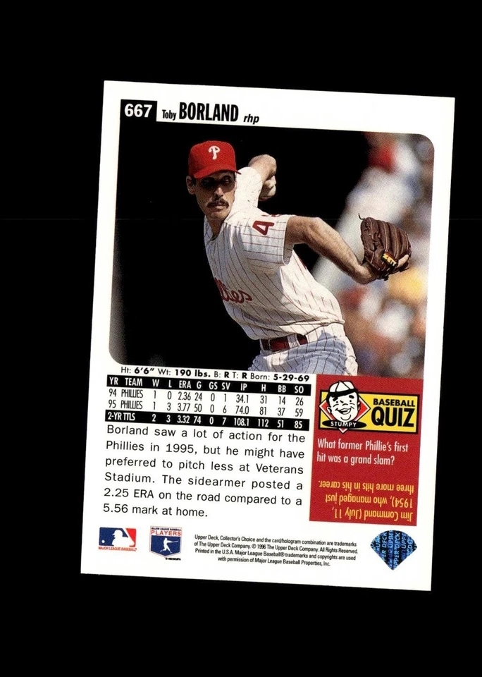 Toby Borland 1996 Collector's Choice Baseball Card #667 Philadelphia Phillies - Image 2 of 2