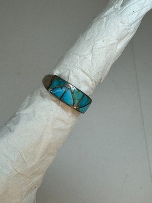 Ring, Native American Zuni ZigZag Inlay,Platform Silver Band, 6 Stones, Sz 6 (S6