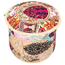 Indian Patchwork Cotton Beige Foot Stool Seating Handcrafted Ottoman Pouf 22 in