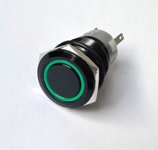 Vandal Resistant 19mm On/Off Switch Green Ring LED Momentary Black Body 5 Prongs