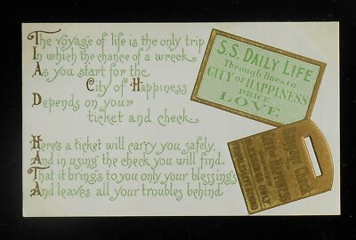 1900s S.S. Daily Life Ship to City of Happiness Price Love Baggage Check Ticket