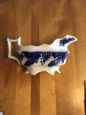 ANTIQUE FLOW BLUE GRINDLEY STAFFORDSHIRE ARGYLE PATTERN GRAVY BOAT