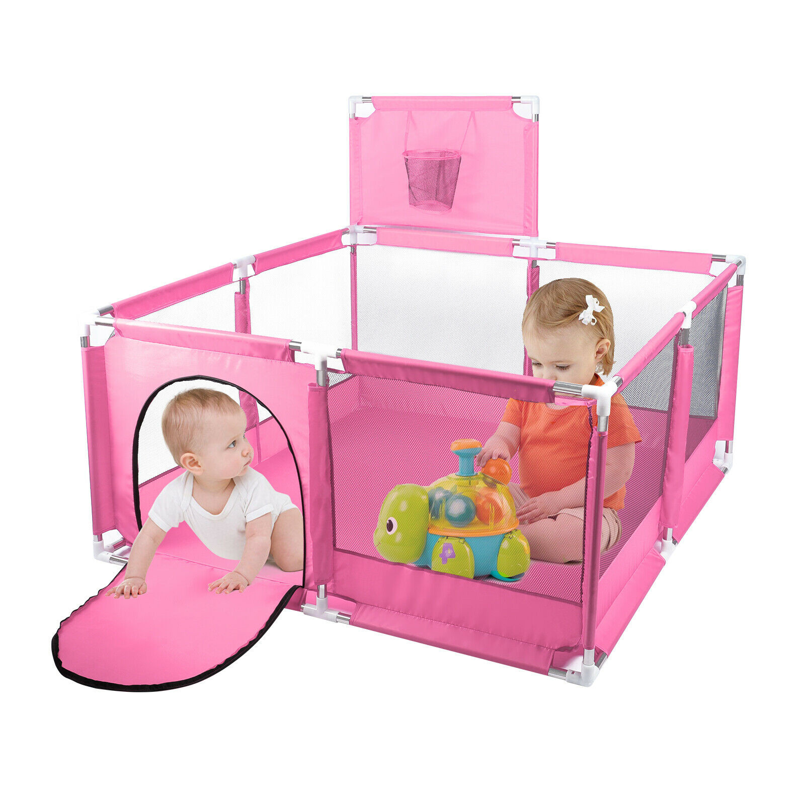 Foldable Baby Playpen Kids Safety Play Pen Yard Fence Tent + Basketball Hoop