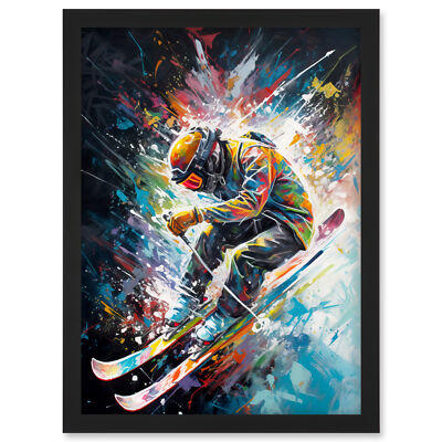 Skifahrer Skifahren Lebendige Splatter Kunst Bewegung Gemälde Gerahmtes Kunst Bild Druck A4