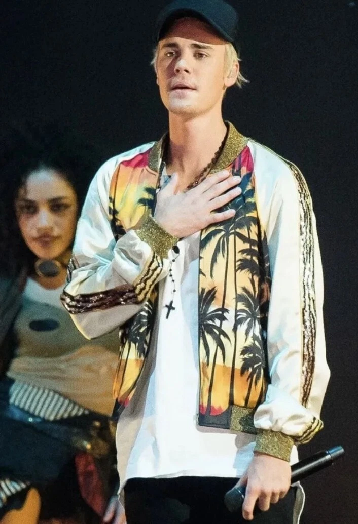 SAINT LAURENT Palm Tree Print Satin Bomber Jacket Unisex Size FR