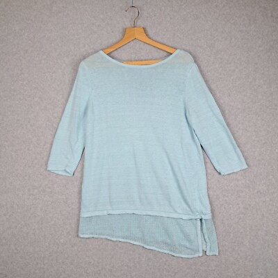 Pure Jill J Jill Linen Blend Shirt Medium Asymmetrical Hem 3/4 Sleeve Aqua Read