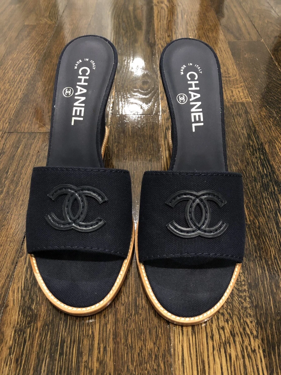 New In Box Chanel Rare Classic Navy Blue Espadrilles Platform Mules Size  38.5