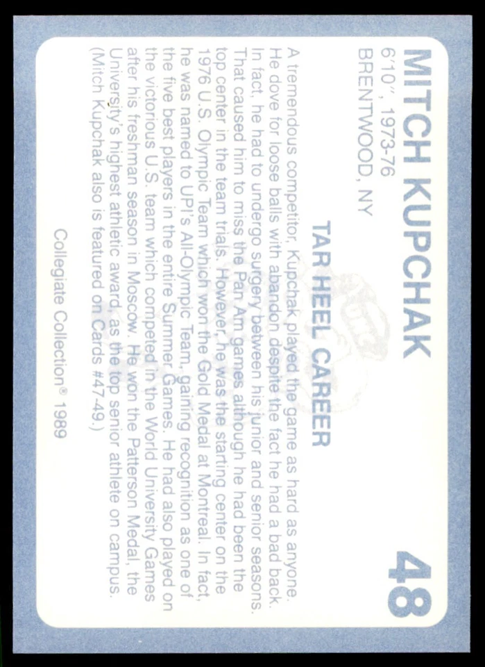 1989-90 Collegiate Collection Mitch Kupchak North Carolina Tar Heels #48 - Image 2 of 2