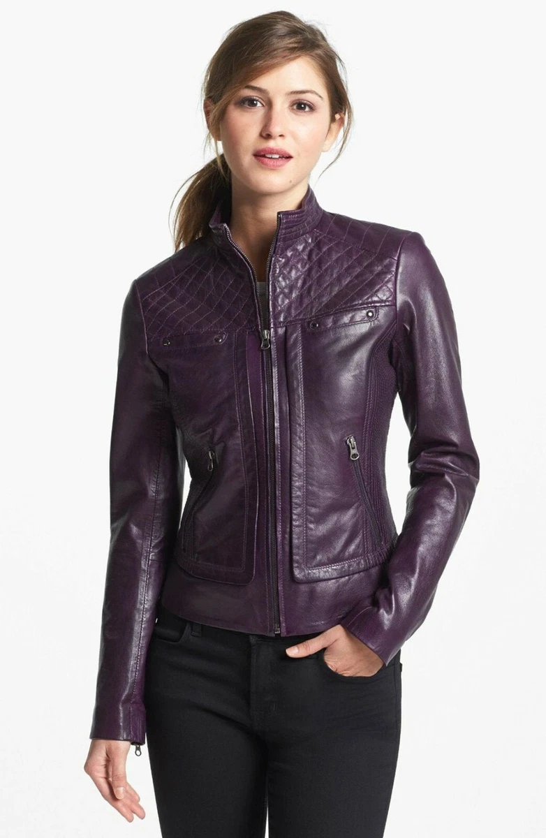 Women Purple Leather Jacket Genuine Soft Lambskin Leather Slim Fit Biker Jacket