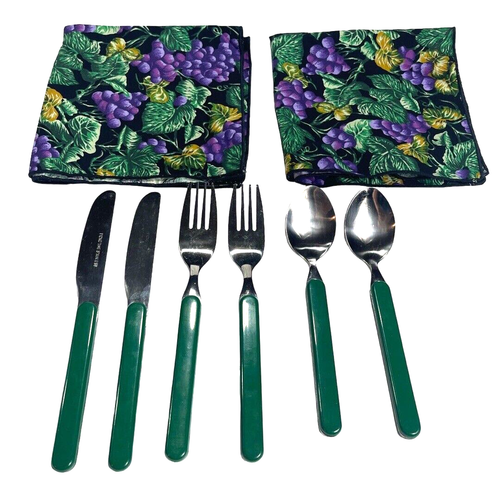 Vintage Picnic Time Edelstahl Messer Löffel Gabel Serviette Besteck grün 8". Set für 2