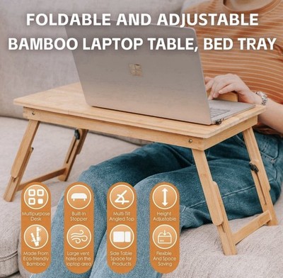 Bamboo Laptop Bed Table Foldable Lap Standing Desk For Indoor/Picnic Tray