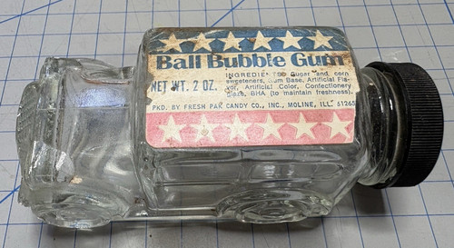 Ball Bubble Gum Car Shaped Glass Candy Bottle Moline ILL Vintage