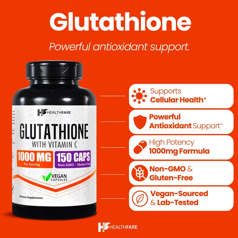 Healthfare Glutathione 1000mg GSH L-Glutathione Reduced 150 Capsules Antioxidant - Image 2 of 4