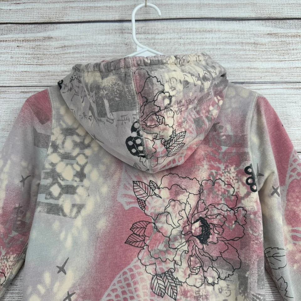 Lucky Brand Asian Floral Butterfly Print Full Zip Hoodie Womens Small Pink Gray - Image 4 of 4