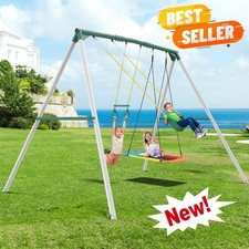 700lb 9.5ft Tall Heavy Duty Metal Swing Set for Kids w/Three Swings, Trapeze Bar