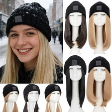 Knitted Hat Wig With Straight Long Wavy Hair Wig Synthetic Hairpiece For Winter
