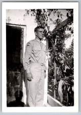 Vtg B W Snapshot Army Soldier Uniform Outdoors Vines 1940s
