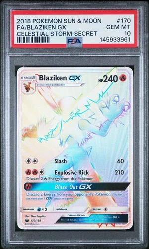 2018 POKEMON SUN & MOON CELESTIAL STORM SECRET #170 FULL ART/BLAZIKEN GX PSA 10