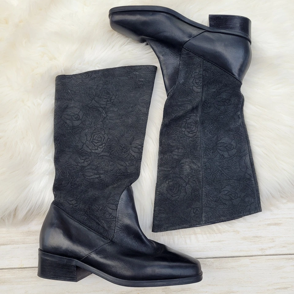 Vintage Markon Suela Black Leather Floral Embossed Tall Boots Women's 8.5 Wide - Image 4 of 4