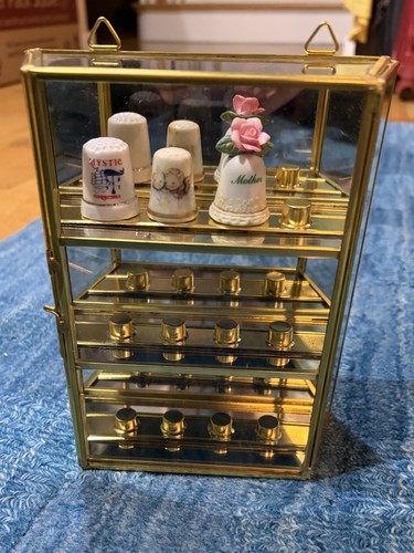 Vintage Glass Brass Thimble Display Curio Case with 3 Thimbles 70 H x 6”L