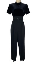 Vintage 1990s black high waist jumpsuit S velvet rayon mock neck ribcage 1980s