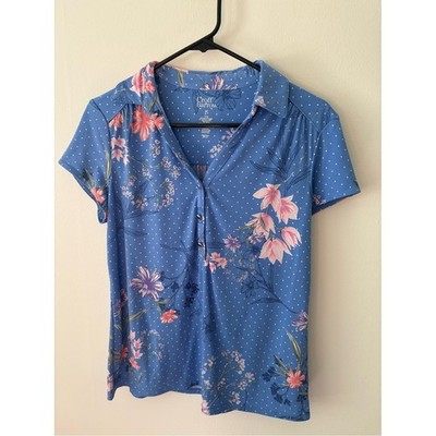 croft & barrow Blue Floral Dot Short Sleeve Button-Front Top