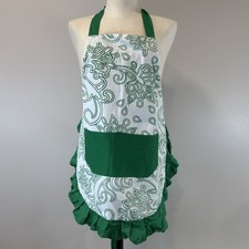 Flirty Aprons Ruffled Kitchen Apron Green White Filigree Floral Pocket One Size