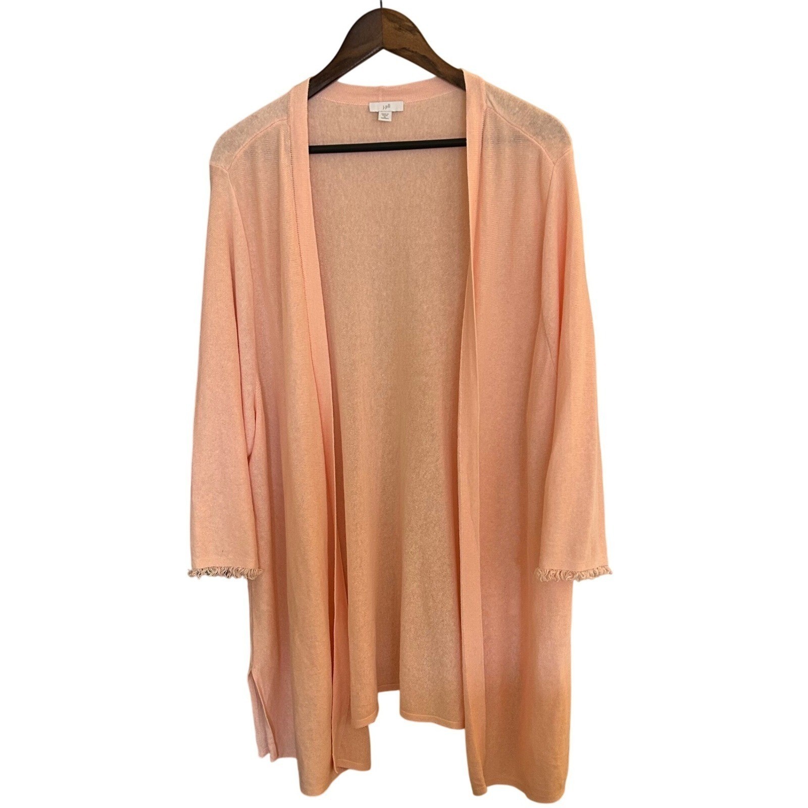 J.Jill Women's 3X Peach Pink Linen Rayon Lagenlook Cardigan Fringe Sleeve Trim