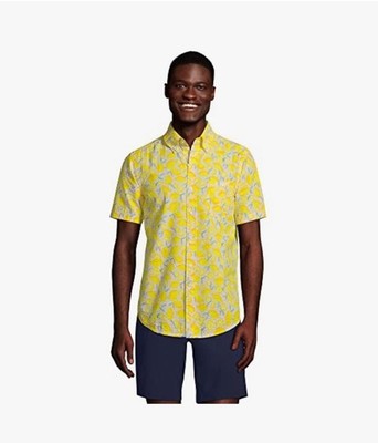 Lands  End Lemon Fruit Relaxed Fit Short Sleeve Seersucker Button Down Shirt M